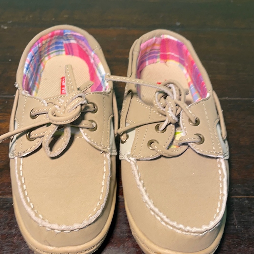 Girls esprit tan/plaid slipons size 1m